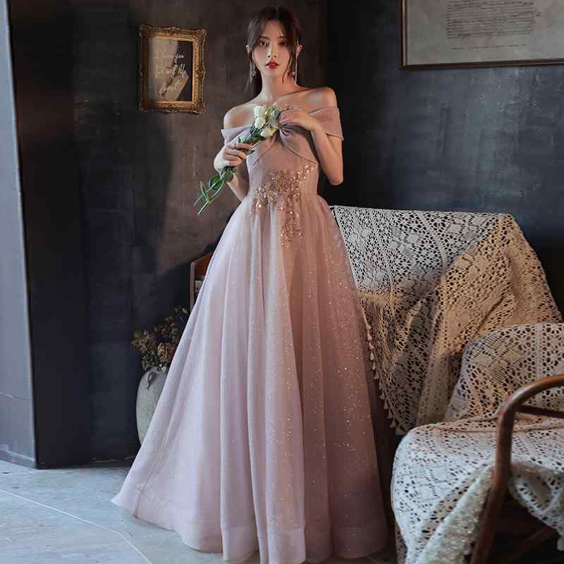 ドレス レディース ピンク オフショルダー イブニングドレス ロング丈 Aライン ハイウエスト ノースリーブ フォーマル 結婚式 披露宴 演奏会 発表会 パーティー 司会 謝恩会 エレガント 上品 高級感