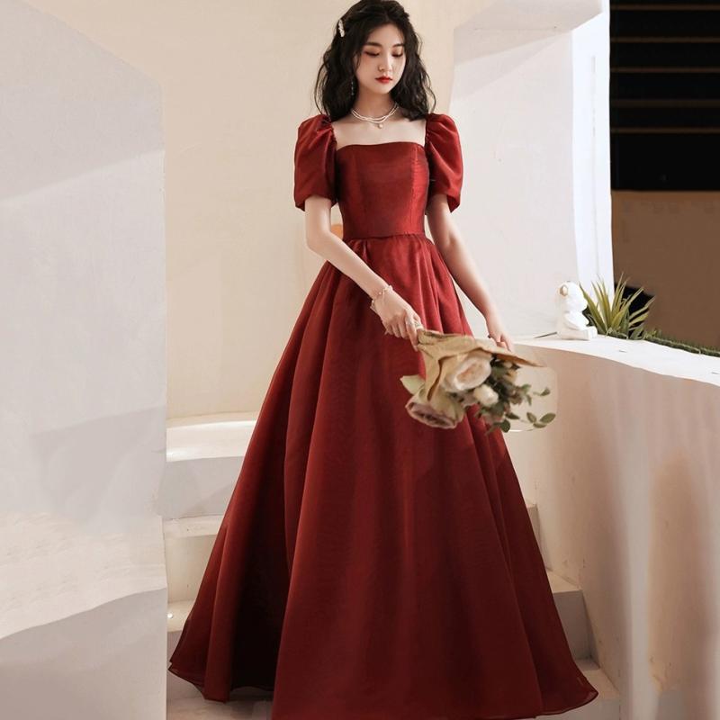 ドレス レディース 結婚式 披露宴 フォーマル 礼服 花嫁 ワインレッド ボルドー 高級感 エレガント プリンセスライン Aライン ロング丈 半袖 Uネック レース マタニティ対応 小柄向け