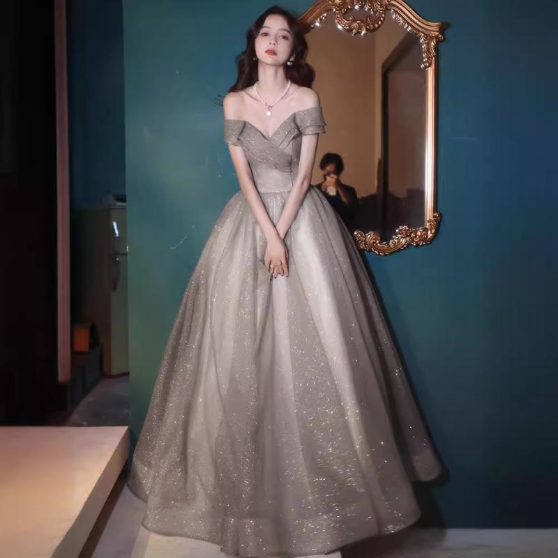 イブニングドレス レディース 星空 オフショルダー ロング丈 Aライン 軽量 高級感 フレンチ チュール グレー 結婚式 二次会 演奏会 発表会 お呼ばれ