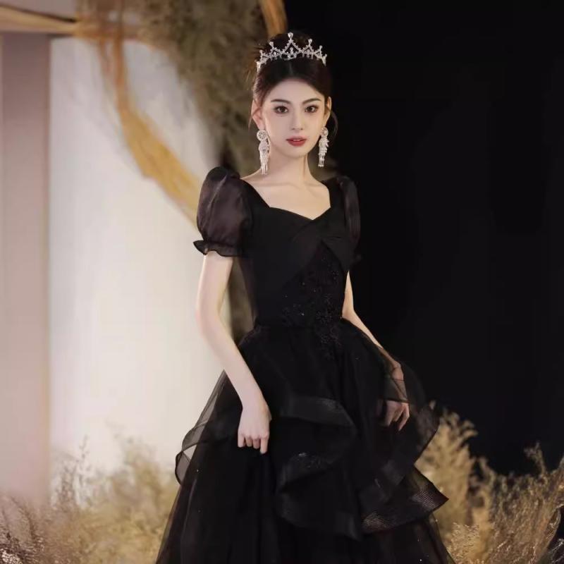ドレス レディース ブラック ロング丈 Aライン エレガント 上品 パーティー 結婚式 二次会 発表会 演奏会 フォーマル ハイウエスト 三分袖 春夏 ポリエステル