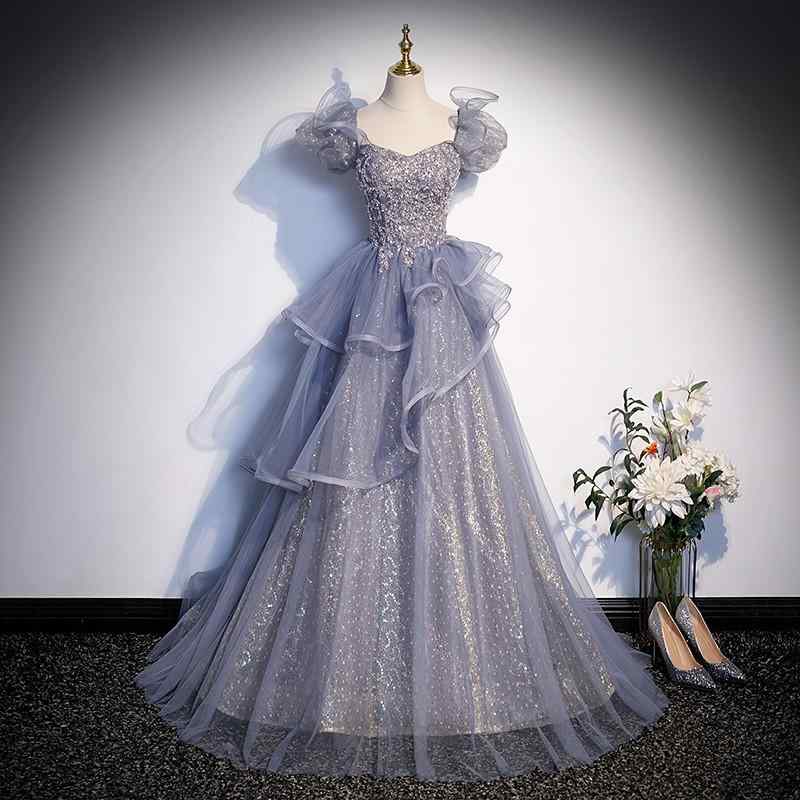 ロングドレス レディース パーティー イブニング フォーマル 成人式 結婚式 演奏会 発表会 ステージ衣装 スクエアネック 半袖 Aライン 高級感 上品 エレガント 立体装飾 ビーズ ブルー ピンク系