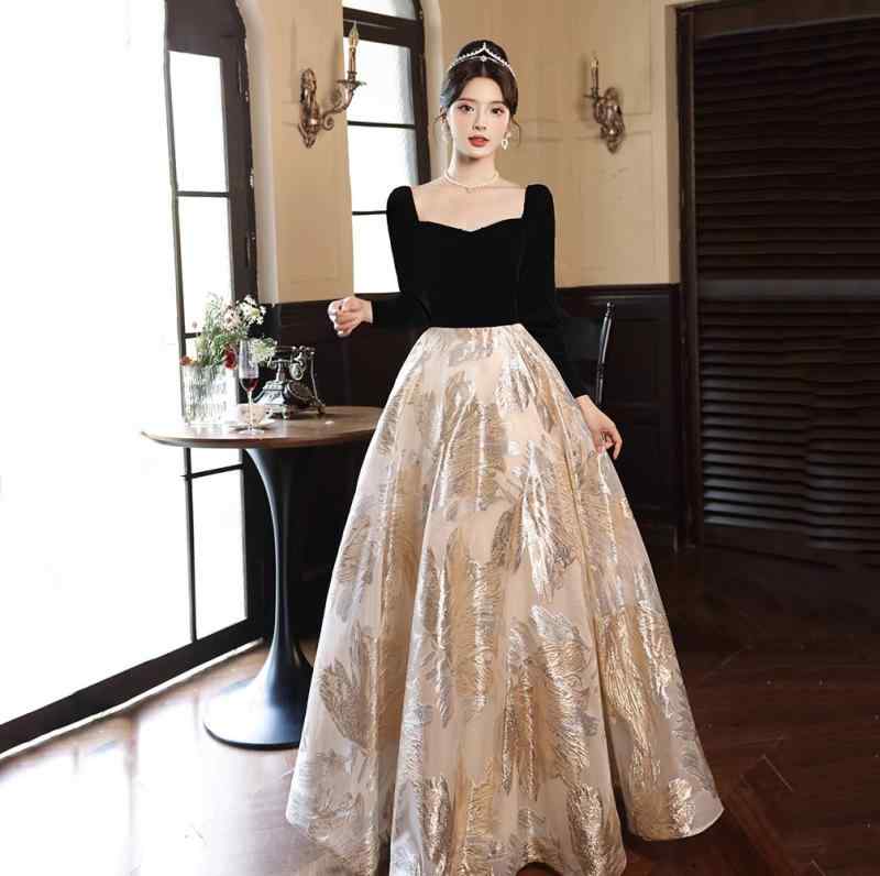 ドレス レディース ブラック 黒 フレンチスタイル エレガント 上品 パーティー 結婚式 二次会 披露宴 お呼ばれ フォーマル ロング丈 Aライン ワンピース 演奏会 発表会 ポリエステル