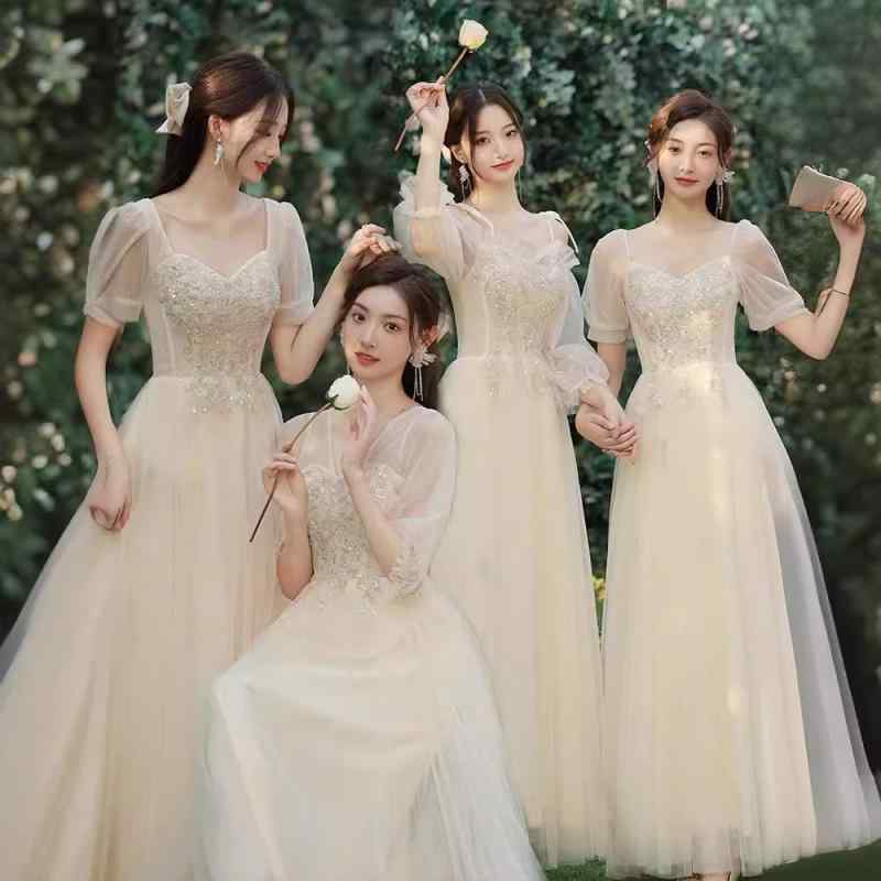 ドレス レディース シャンパンカラー ブライズメイド ロング丈 高級感 エレガント 洗練 スタイルアップ 結婚式 二次会 パーティー 披露宴 演奏会 Aライン 麻 春夏