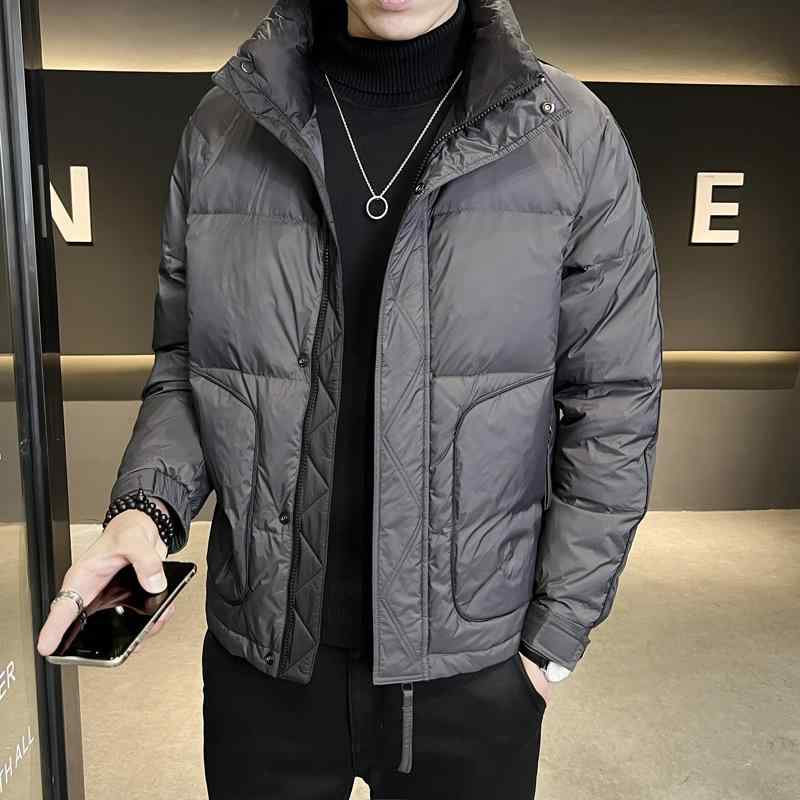 ダウンジャケット メンズ 男性用 ショート丈 スタンドカラー 厚手 グレーダックダウン パファージャケット 保温 防寒 軽防寒 カジュアルアウター デイリーユース 冬物 グレー ポリエステル裏地｜花りぼん