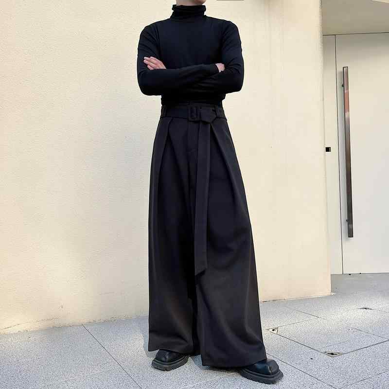 パンツ ユニセックス デザインベルト ハイウエスト ウールライク ワイドキュロットスラックス フルレングス 春秋 きれいめ カジュアル ゆったり