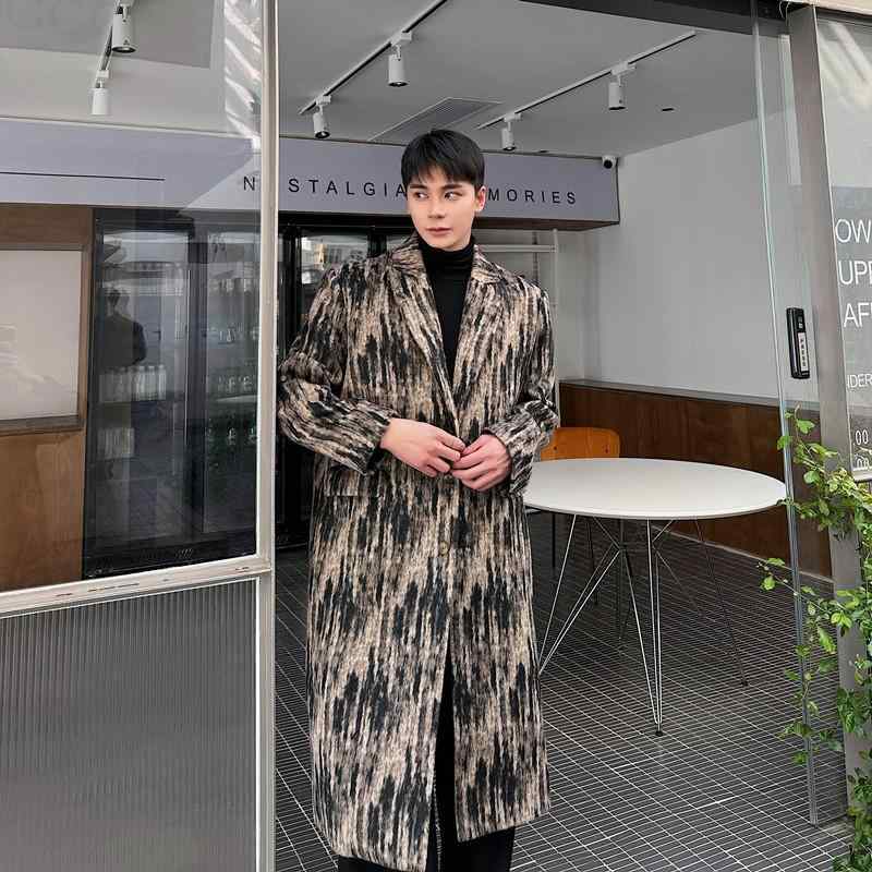 コート メンズ 韓国風 大人カジュアル グラデーション フェードカラー ウール調 メルトン ロングコート テーラードカラー ゆったり シングルブレスト ポリエステル 秋冬