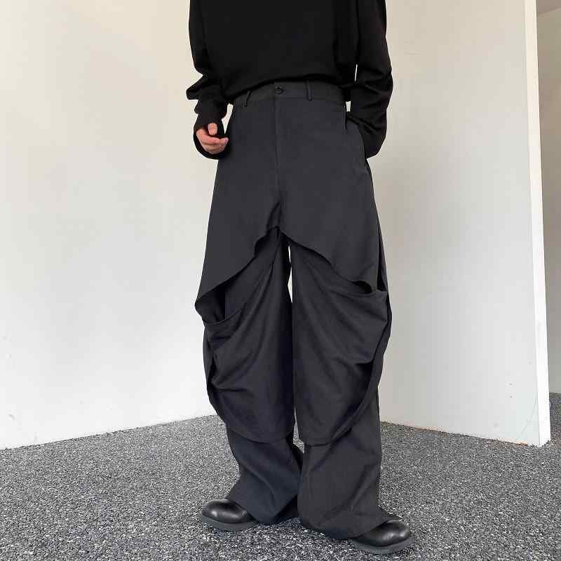 パンツ メンズ 日本デザイナーズ モード系 個性的 不規則切り替え アシンメトリー 多層パッチワーク ワイドシルエット キュロット バナナパンツ ポリエステル ブラック ロング丈 カジュアル ゆったり 春秋 ミドルウエスト