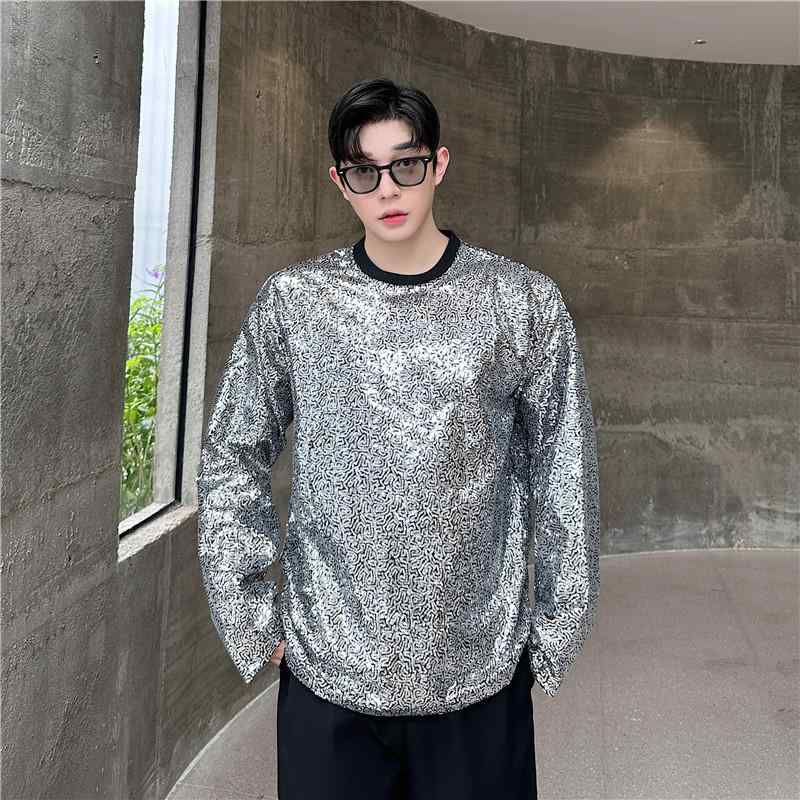 メンズ トップス シルバー スパンコール シャイニー グリッター 立体感 ポリエステル クルーネック 長袖 ドロップショルダー プルオーバー スウェット トレーナー ストリート ダンス 春秋