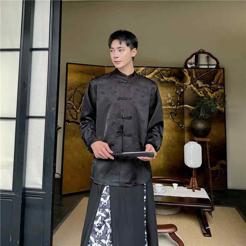 シャツ メンズ 新チャイナ風 スタンドカラー 長袖 ジャカード織り 光沢サテン ポリエステル混紡 ゆったり リラックスフィット カジュアル 普段使い 春秋 ブラック 高級感