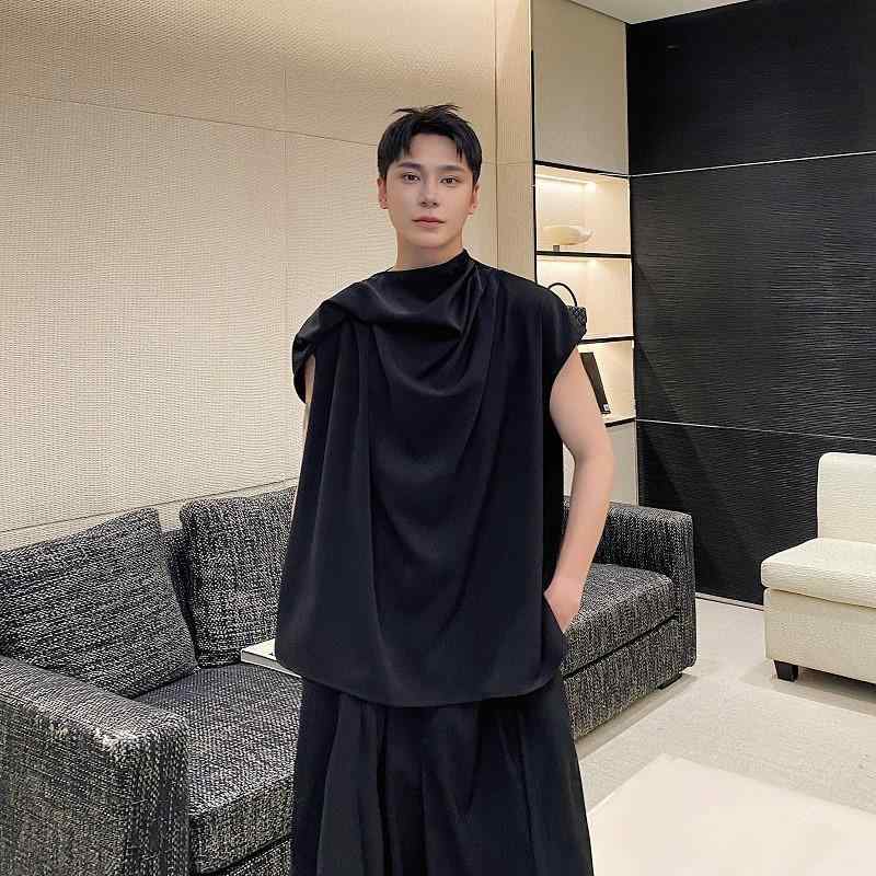 Tシャツ ユニセックス アシンメトリー ドレープネック 半袖 切り替え プルオーバー ブラック ポリエステル ルーズシルエット 春夏 カジュアル トップス