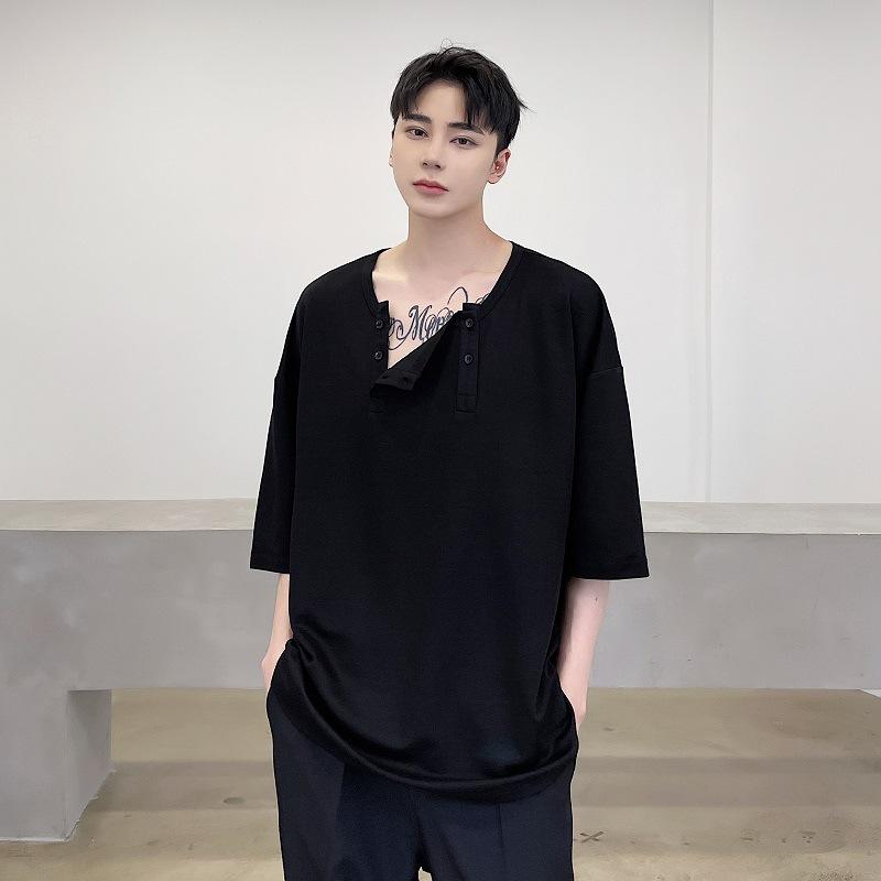 Tシャツ メンズ 無地 アシンメトリー 変形ネック 半袖 トップス ドロップショルダー ゆったり オーバーサイズ ビッグシルエット ポリエステル ブラック カジュアル ストリート モード系 春夏 4,733円