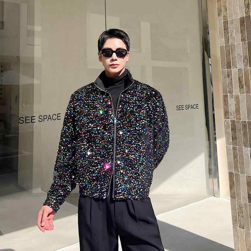 ジャケット メンズ スパンコール グリッター 光沢 シャイニー ショート丈 スタンドカラー ビッグシルエット ゆったり 配色 ジップアップ ストリート ステージ ライブ イベント 春秋 ブルゾン