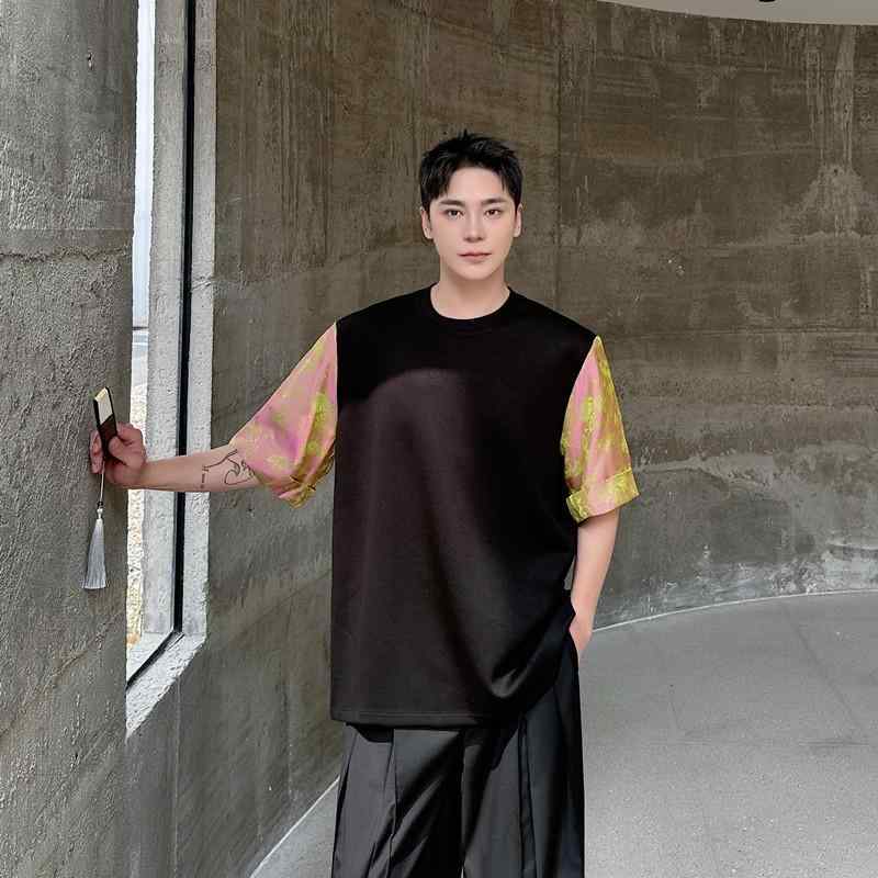 Tシャツ メンズ 新中華風 デザイナーズ風 錦織 サテン ポリエステル 刺繍 ジャカード 花柄 配色切り替え 丸首 クルーネック 半袖 ルーズフィット ゆったり カジュアル ストリート 黒 ブラック 夏