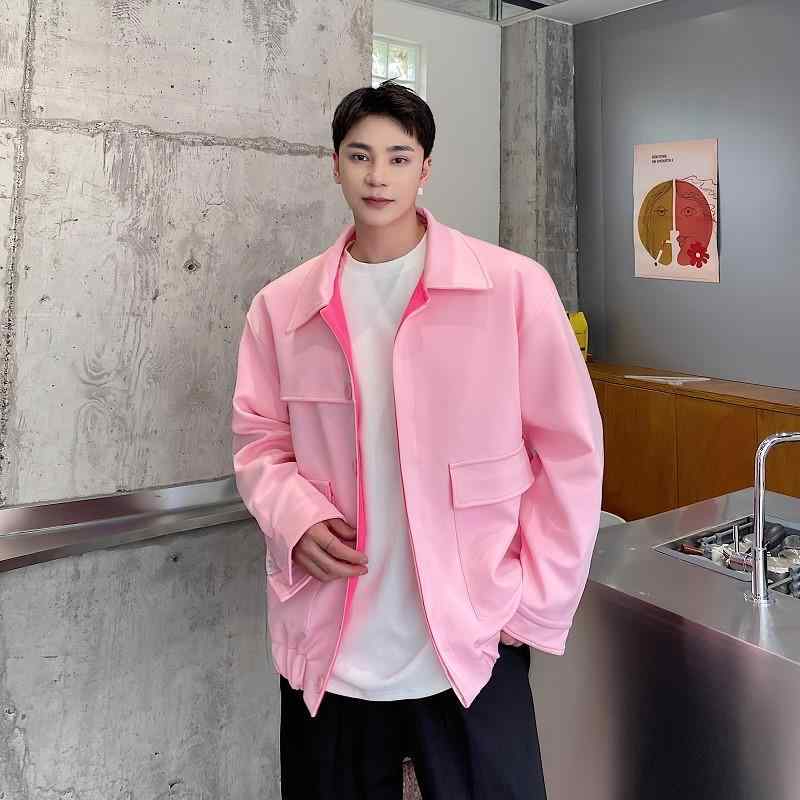 ジャケット メンズ 男性用 ネオン バービーピンク 立体ビッグポケット ワーク コーチジャケット オーバーサイズ ジップアップ 襟付き ストリート カジュアル ポリエステル素材 春秋