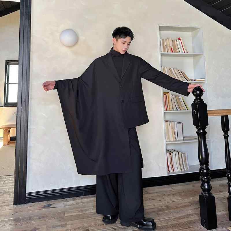 上衣 メンズ テーラード うつり変わりケープ アシンメトリーデザイン ロング丈 大層らしい大いさ 一こまお召しもの 演技 でき事 時間 ポリエステル 黒いこと 赤いこと メンズファッション-スーツ・セットアップ