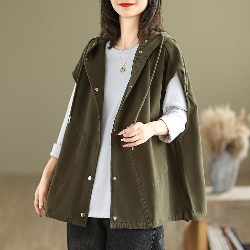 ベスト レディース フード付き ゆったり ビッグシルエット 綿 コットン レトロカジュアル ワークテイスト ジレ 秋冬 ブラック グリーン ブラウン 普段使い カジュアル