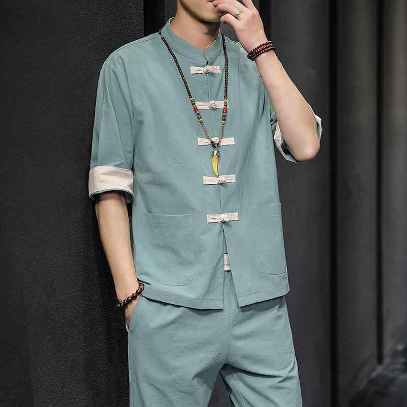 セットアップ メンズ 男性用 中国風 レトロ チャイナボタン 半袖 カンフー服 武術服 カジュアル ゆったり リラックスウェア 綿麻 2点セット 春夏
