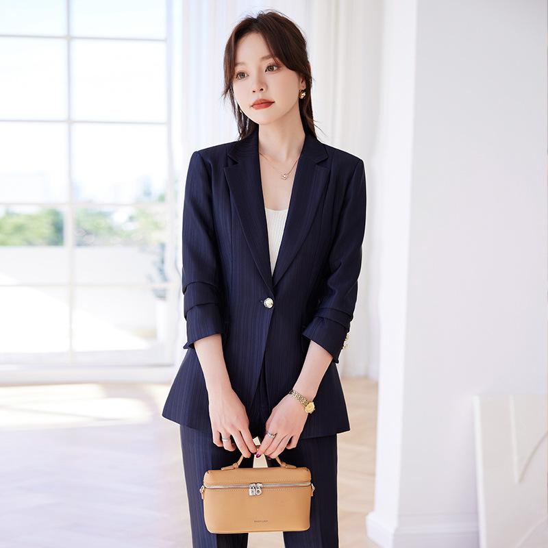 セットアップ レディース ホテル受付 美容院 宝飾店 接客業 制服 オフィス ビジネス 通勤 高級感 上品 エレガント テーラード 七分袖 ロングパンツ ポリエステル ストレッチ
