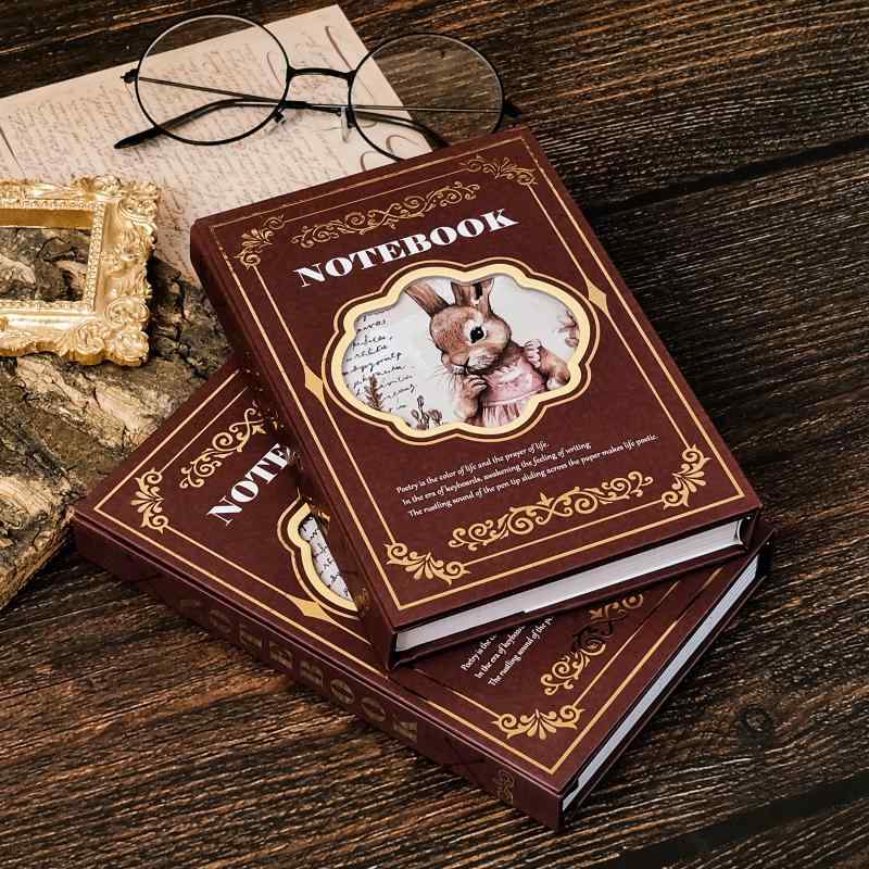 ノート 学生用 ダークレッド レトロ ヴィンテージ うさぎ ラビット 箔押し加工 かわいい おしゃれ 手帳 スケジュール帳 上質紙 コート紙カバー 勉強 日記 記録