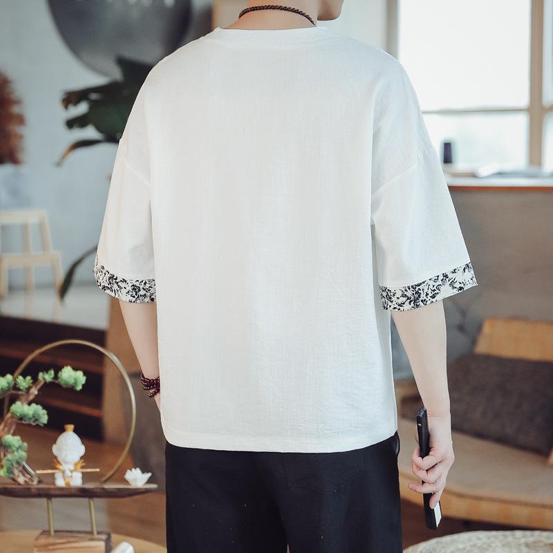 Tシャツ メンズ 春夏 中国風 レトロ チャイナボタン 刺繍 綿麻素材 半袖 ビッグシルエット カジュアル トップス 唐装 漢服