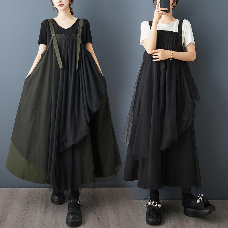 ワンピース サスペンダー ジャンパースカート メッシュ切り替え ロング丈 ゆったり ノースリーブ Aライン ハイウエスト 肩紐調節可 デザイン性 春夏 通勤 オフィス エレガント 上品 ブラック カーキ｜花りぼん