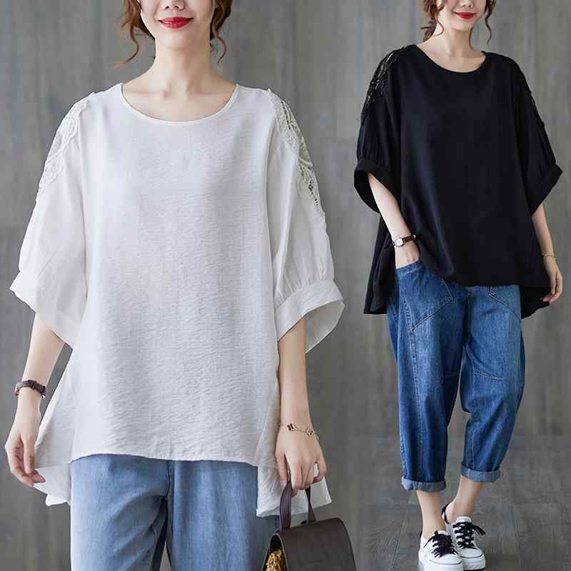 Tシャツ レディース 五分袖 アシンメトリー ゆったり 大きいサイズ 春夏 クルーネック 無地 ポリエステル綿麻素材 カジュアル ストリート レギュラー丈 ブラック ホワイト