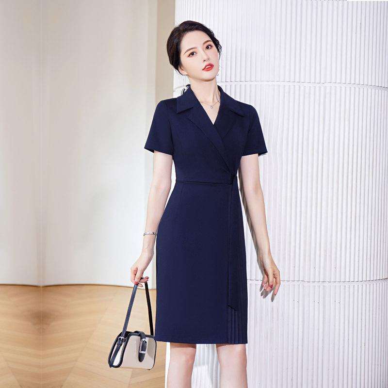 ワンピース レディース OL ミドルスリーブ ミドル丈 ブラック オフィス ビジネス 事務服 制服 ワークドレス 通勤 接客 高級感 エレガント ポリエステル