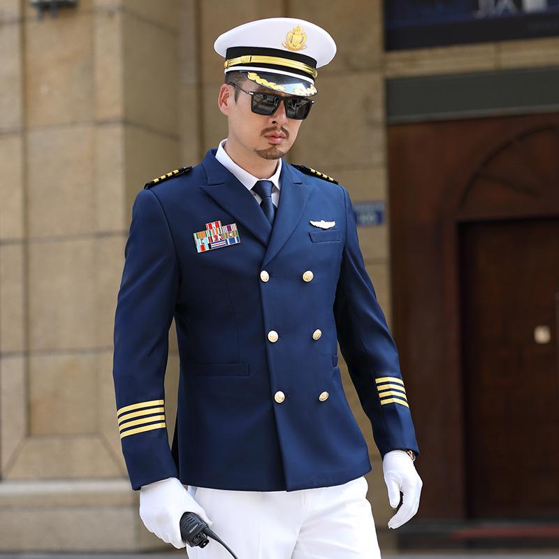 制服 メンズ 成人男性用 飛行士 機長 差し固める員 御役目服 背広 スラックス ダブル前胸部 商行為 執務室 通い 細工物御召しもの ライトネイビー 紺 濃紺色 烏兎 保温 防寒 綿混 人絹雑ぜ合わせる ポリエステル