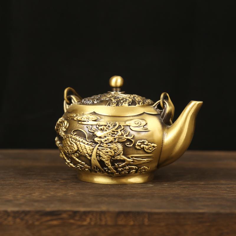 茶器 金管楽器製 小型ティーポット ジラフ 福文字記号 龍鳳 青写真 中華風 執務室 住み家用 室内装飾 芸術品 飾りつけ オブジェ 財運招福 ラッキーアイテム