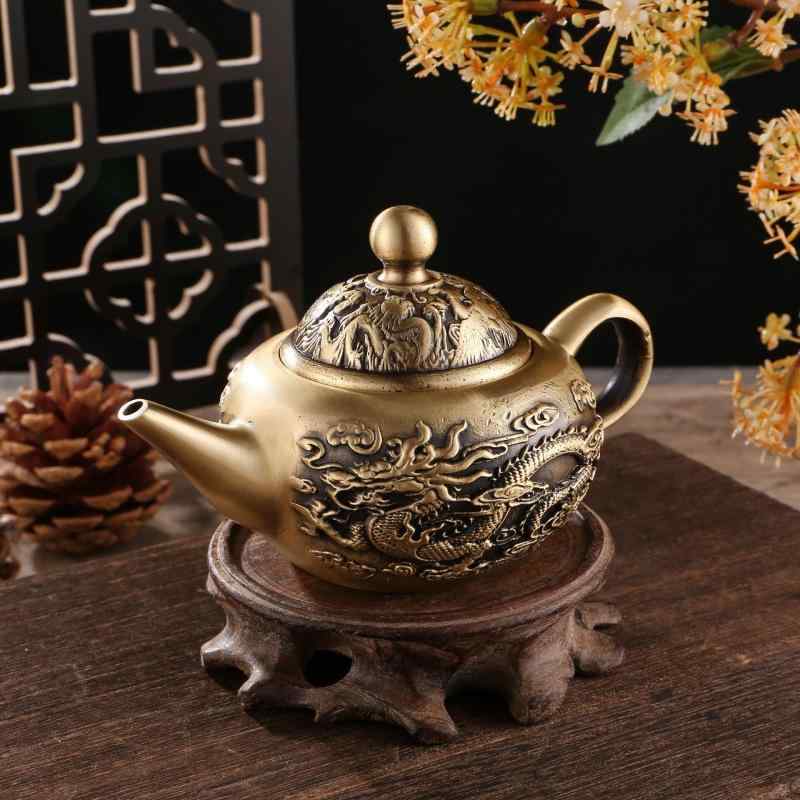 置物 銅 真鍮製 双龍 龍鳳 ポット 急須 水差し レトロ アンティーク 工芸品 卓上 インテリア 装飾 オブジェ