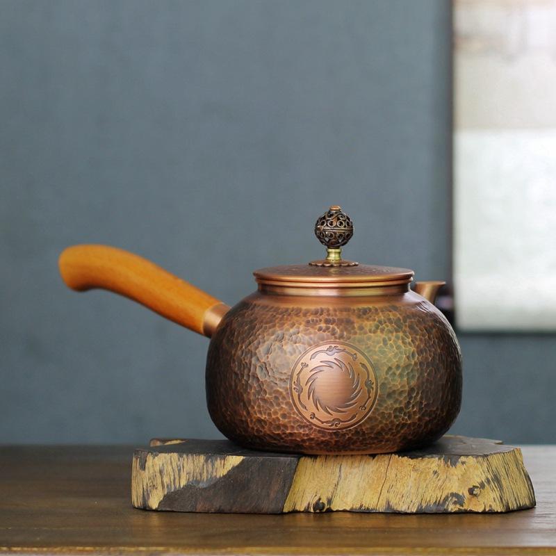 急須 銅製 ハンドメイド 槌目模様 和風 横手 小ぶり 茶器 木製ハンドル レトロ調 アンティーク風 ティーポット 湯沸かし