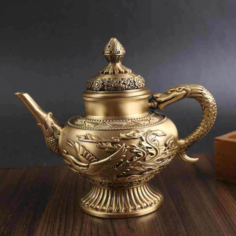 飾りつけ 龍鳳 茶壺 酒壺 金管楽器 純銅製 レトロ アンティーク 中国風 縁起物 卓上 室内装飾 リビング 書屋 事務室 芸術品