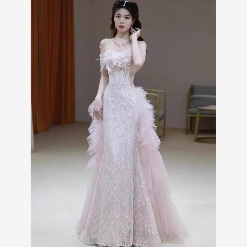 ワンピース レディース 春夏 ドレス オフショルダー ウェディング 結婚式 二次会 パーティー 披露宴 お呼ばれ Aライン ノースリーブ ロング丈 ハイウエスト ピンク｜花りぼん