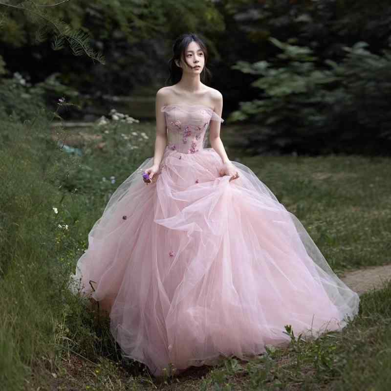 ドレス レディース ロングドレス ピンク ビスチェ オフショルダー プリンセス 結婚式 披露宴 二次会 お呼ばれ パーティードレス Aライン マキシ丈 かわいい おしゃれ|花りぼん