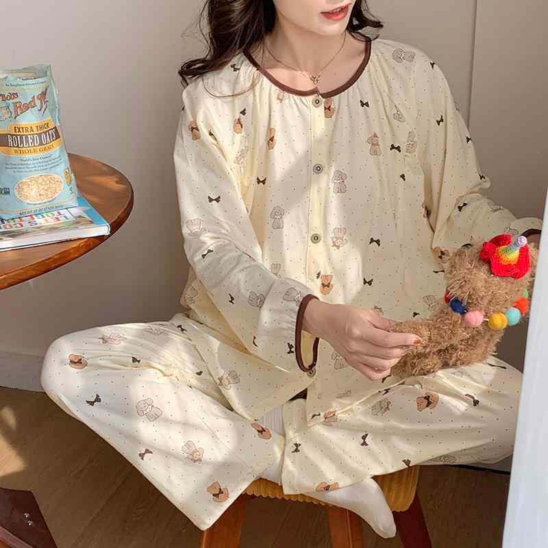 パジャマ レディース マタニティ 授乳服 妊婦 長袖 長ズボン 春秋 薄手 通気性 吸汗 コットン 前開き ルームウェア 部屋着 かわいい アニマル|花りぼん