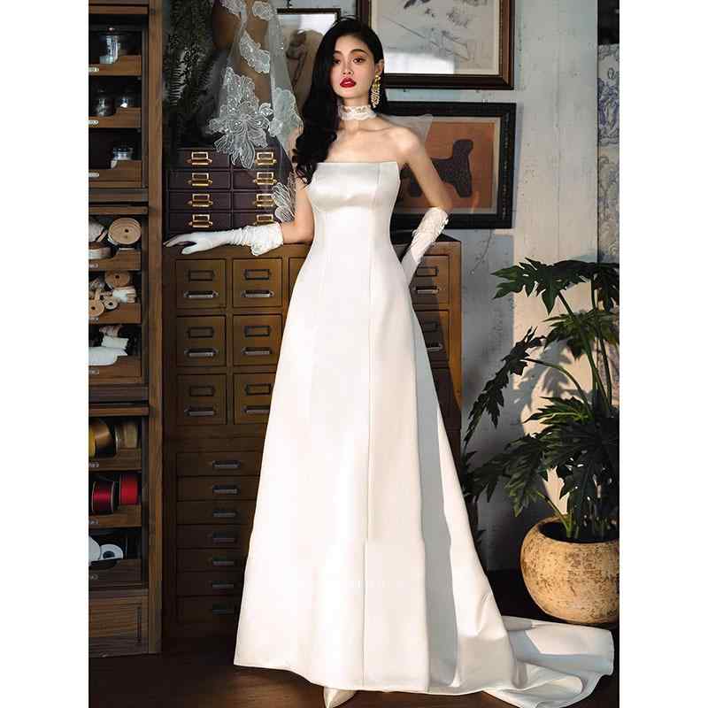 ウェディングドレス レディース チューブトップ サテン ロング Aライン オフショルダー ノースリーブ ホワイト 結婚式 挙式 披露宴 二次会 前撮り 演奏会 花嫁 ドレス フォーマル 発表会|花りぼん