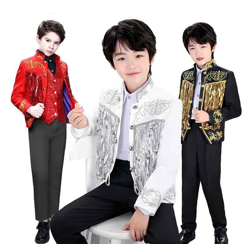 ジャケット 男の子 キッズ 子供 演出服 キラキラ スパンコール フリンジ 刺繍 発表会 ピアノ 舞台 ステージ衣装 フォーマル スーツ アウター 春秋 おしゃれ かっこいい｜花りぼん