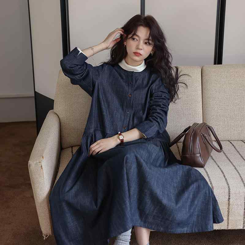 ワンピース レディース デニム 春秋 長袖 ロング丈 A字 Aライン 切り替え ゆったり 丸首 シンプル 無地 カジュアル 旅行 体型カバー|花りぼん