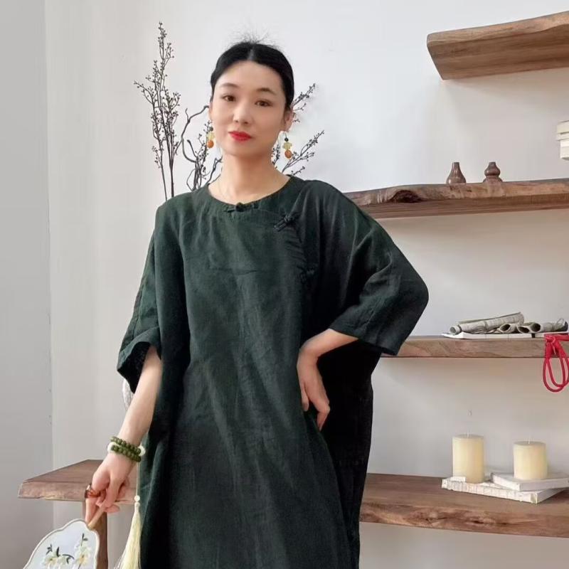 ワンピース レディース チャイナドレス風 七分袖 A字 Aライン ロング 丈 砂洗 亜麻 リネン 無地 体型カバー ゆったり 部屋着 通気性 ナチュラル レトロ カジュアル 春夏 普段着 日常使い｜花りぼん
