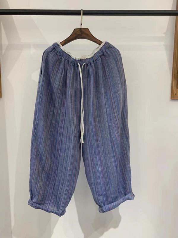 パンツ レディース カジュアルパンツ 九分丈 リネン 亜麻 ストライプ 切り替え ウエストゴム 紐付き ゆったり 通気性 薄手 軽量 通勤 部屋着 ルームウェア ナチュラル｜花りぼん