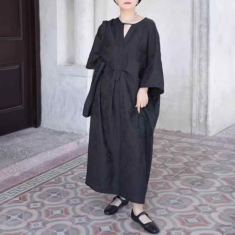 ワンピース レディース 春夏秋 七分袖 Vネック ジャカード織り ジャガード ロング丈 チャイナ風 幾何学 植物 花柄 ゆったり ゆったり 体型カバー レトロ エスニック アジアン カジュアル おしゃれ 接触冷感 シルク調｜花りぼん