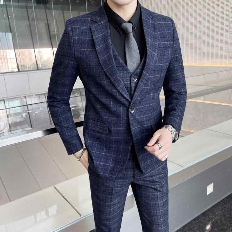 スーツ メンズ 春秋 スリムフィット 格子柄 シングル 1つボタン 3点セット 紳士用 フォーマル 結婚式 新郎 披露宴 ビジネス カジュアル おしゃれ グレー ネイビー｜花りぼん