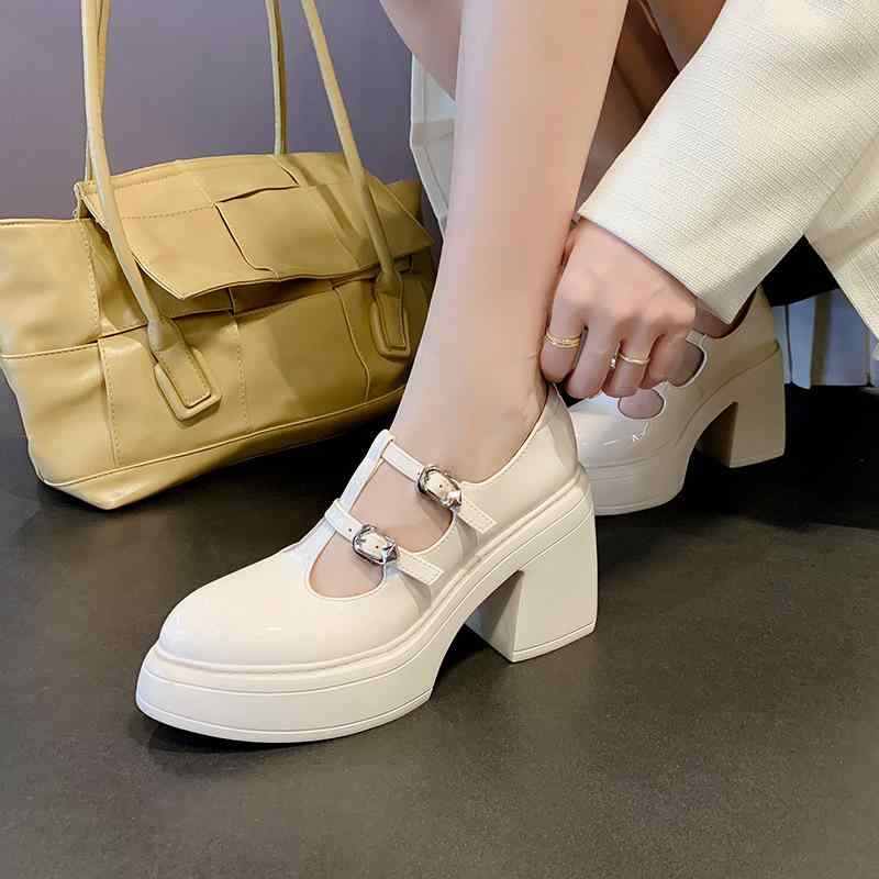 パンプス レディース 厚底 太ヒール チャンキーヒール ストラップ ローカット ラウンドトゥ レザー 歩きやすい 痛くない 履きやすい 脱ぎやすい 走れる 疲れない 蒸れにくい 通気性 通勤 通学 おしゃれ|花りぼん