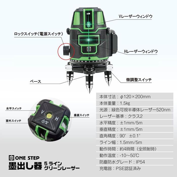 定番キャンバス 墨出し器 水平器 グリーンレーザー レーザーレベル 5