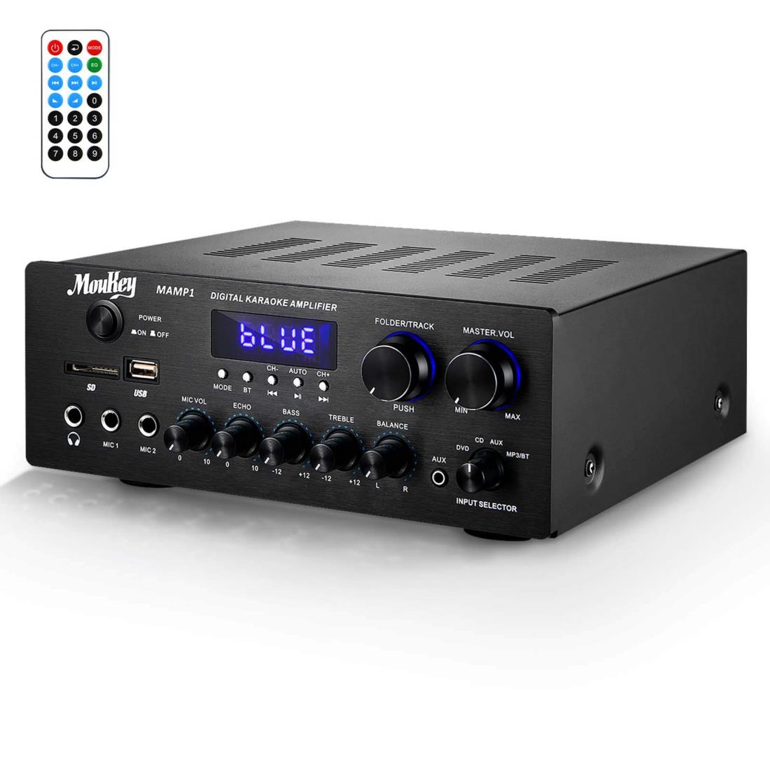 Moukey パワーアンプ システム マイクミキサー 220W Bluetooth対応 デュアルチャンネルサウンドオーディオステレオレシーバー モニタリング/USB、SD、AUX、MIC IN/エコー、ラジオ、LCD-ホームシアターエンターテインメントRCA スタジオ用 MAMP1｜hanamaru01店