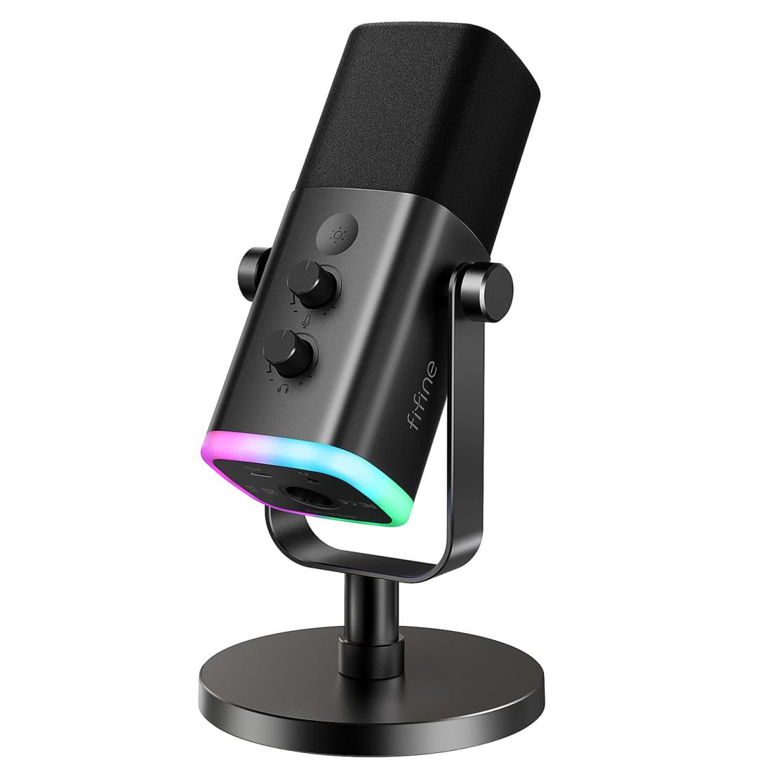 FIFINE スタンドアロンマイク 単一指向性 ダイナミックマイク ミュートボタン RGBイルミネーションスイッチ 音量調節 ヘッドフォン端子付き PC プレステ対応 サウンドカード ミキサー対応可能 ポッドキャスト 配信用 ゲーマー コンテンツクリエイター向け 黒 AmpliGame AM8