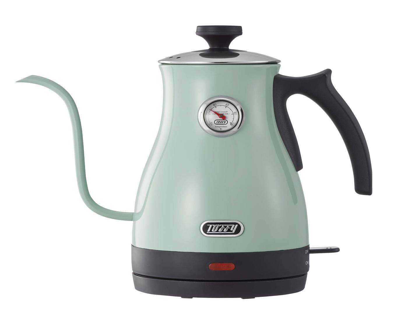 【Toffy/トフィー】 温度計付き電気ケトル K-KT3 (ペールアクア) 適温 コーヒードリップ ハンドドリップ 空焚き防止 グースネック注ぎ口 レトロ K-KT3-PA｜hanamaru01店
