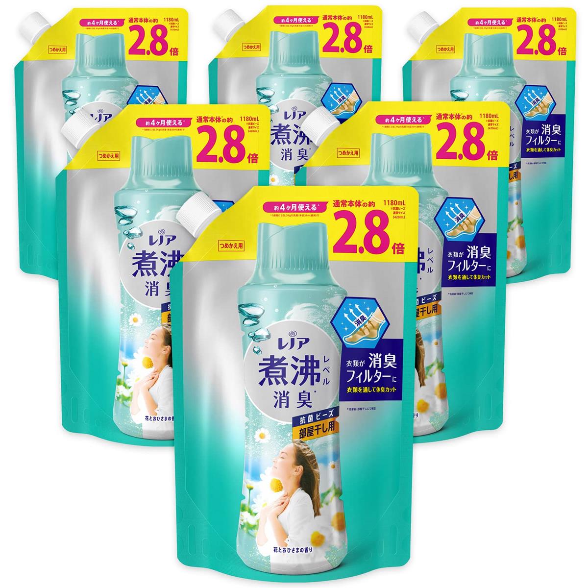 [ケース販売] レノア 超消臭 煮沸レベル消臭 抗菌ビーズ 部屋干し 花とおひさまの香り 詰め替え 1,180mLx6袋｜花丸良品堂　店