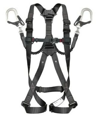 タジマ 新規格安全帯 フルハーネスGS・蛇腹式ダブルランヤードセット Lサイズ黒 束縛感の少ないY型構造 短くなるので邪魔にならない蛇腹式 ランヤード長150cm アルミゲート採用の軽量アルミ鍛造フックL8 より戻し付き フックハンガー付 A1GSLJR-WL8BK｜花丸良品堂　店