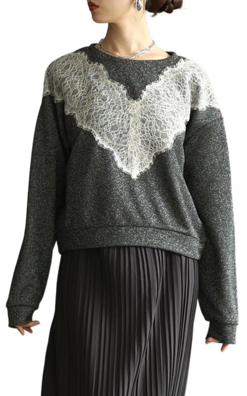[sawa ・・ la mode] ひと 目 で 華やぐ グリッター レース プルオーバー レディース トップス 長袖 プルオーバー レース ラメ スウェット カジュアル 春 秋 冬 春服 秋服 冬服